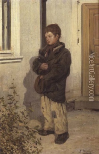 A Young Boy Clutching His Jacket And Hat Oil Painting - Vladimir Egorovich Makovsky