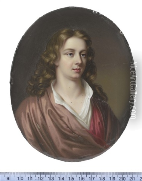 Abraham Cowley (1618-1667), Wearing Brown Cloak With Crimson Lining And White Chemise, His Natural Wavy Locks Worn To His Shoulders. (after Mary Beale) Oil Painting - Henry-Pierce Bone