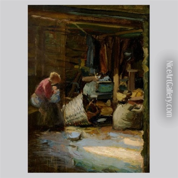 Woman And Child In The Studio Oil Painting - Adolf M. Brougier
