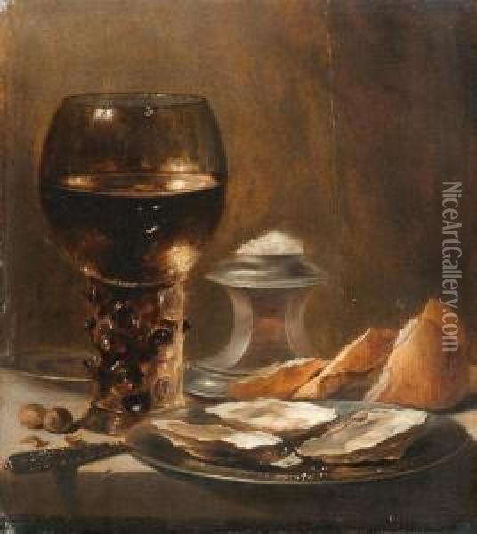 Still Life With Large Glass Filled With Wine Oil Painting - Pieter Claesz.