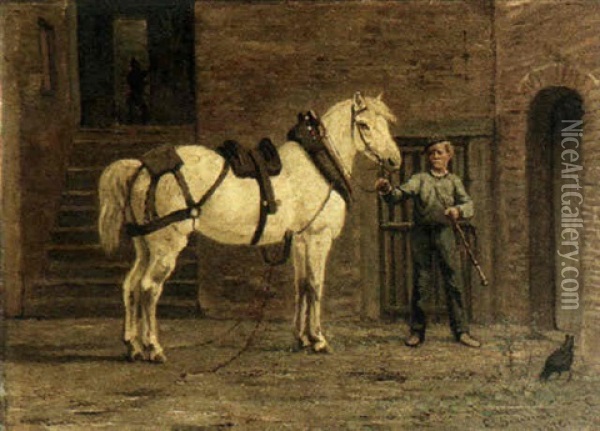 Boy With Horse In A Stable Oil Painting - Cornelis Albert Johannes Schermer