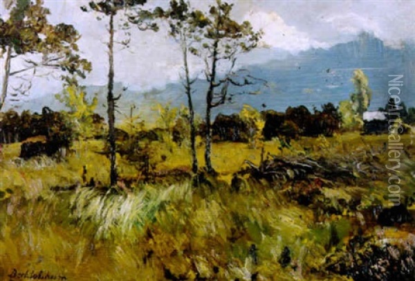 Chiemgau - Landschaft Mit Baumen, Buschwerk Und Bergen Im Hintergrund Oil Painting - Gustav von Bechtolsheim