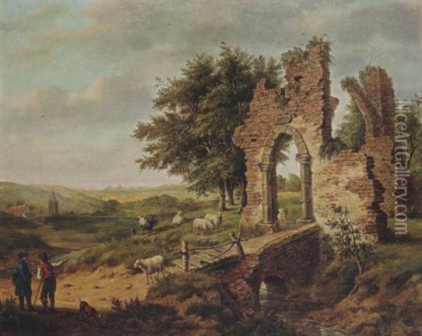 A Landscape With An Artist Conversing With A Shepherd, His Flock Grazing Nearby Amongst Ruins, A View Of A Hamlet Beyond Oil Painting - Pietersz (Pieter) Barbiers