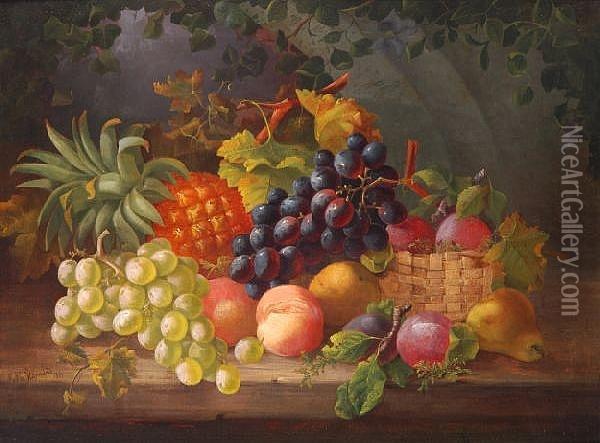 A Still Life Of Fruit With A Pineapple On A Ledge Oil Painting - Eloise Harriet Stannard