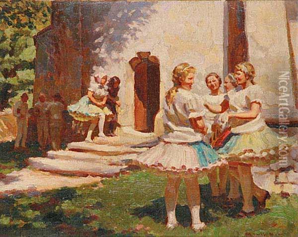 Girls In Front Of A Church Oil Painting - Tivadar Josef Mousson
