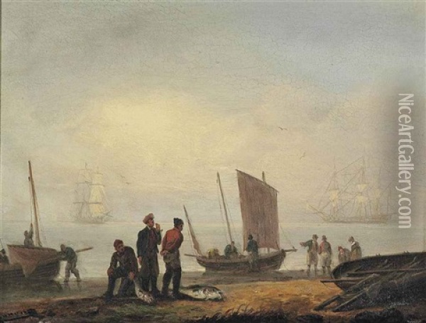 Fishermen Unloading Their Catch On A Shore, Men-of-war Beyond Oil Painting - Thomas Luny