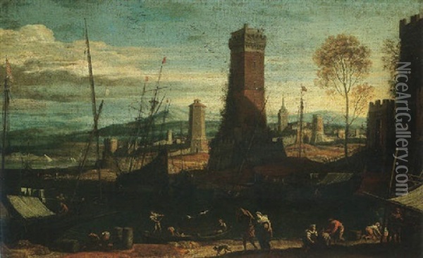 A Mediterranean Harbour Scene With Figures Oil Painting - Adriaen Van Der Cabel