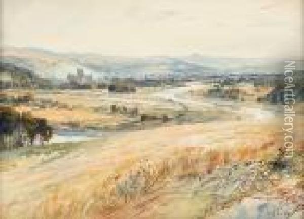 An Extensive Landscape With Village And Church In The Distance Oil Painting - John MacWhirter