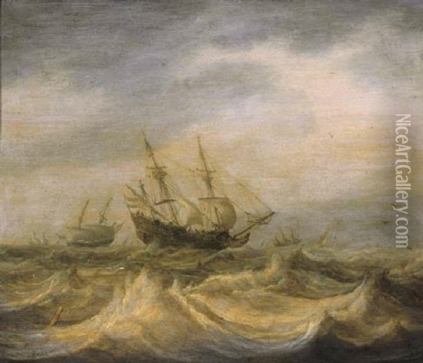 A Threemaster And Other Shipping In Choppy Waters On A Cloudy Day Oil Painting - Pieter Mulier the Elder