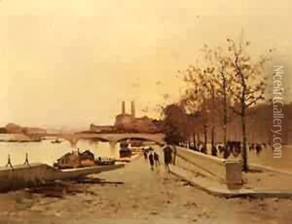 Pont Sue La Seine Avec Une Vue Sur Lancien Trocadero Oil Painting - Eleanor Fortescue-Brickdale