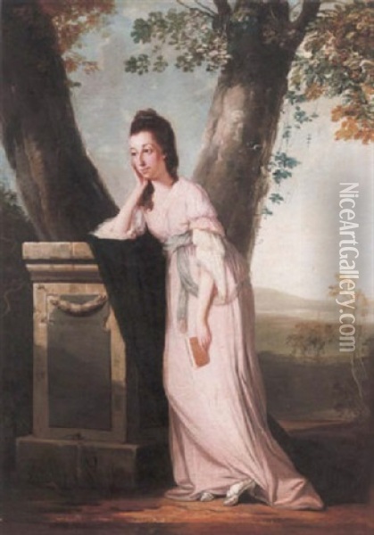 Portrait Of A Lady, Standing, In A Pink Dress (thesesa Parker, Wife Of John Parker, Later Lord Boringdon?) Oil Painting - Benjamin Wilson