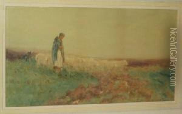 Shepherdess With Her Flock Oil Painting - Oswald Garside