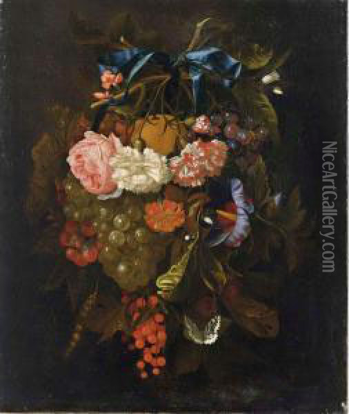 A Swag Of Roses, Carnations And Other Flowers, Grapes, An Orange, And Berries Together With A Butter Fly Oil Painting - Maria van Oosterwyck
