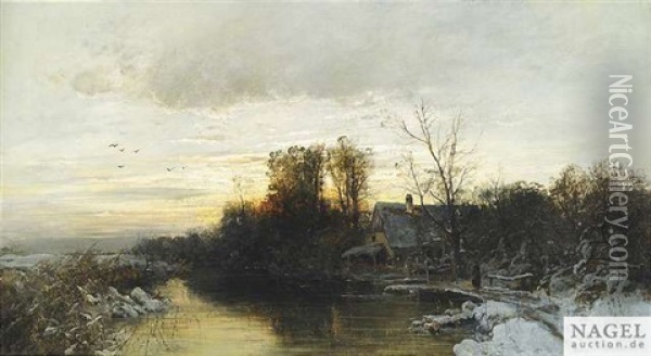 Winterliche Flusslandschaft Im Abendlicht Oil Painting - August Fink
