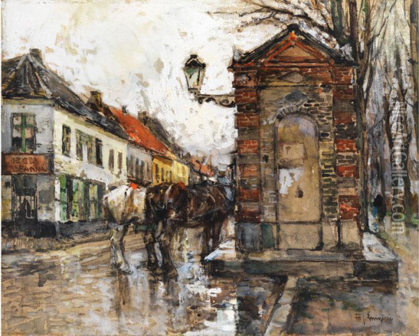 Strassenansicht Im Regen Mit Zwei Pferden An Einem Stadtbrunnen Mit Laterne Oil Painting - Ferdinand Jean Luigini