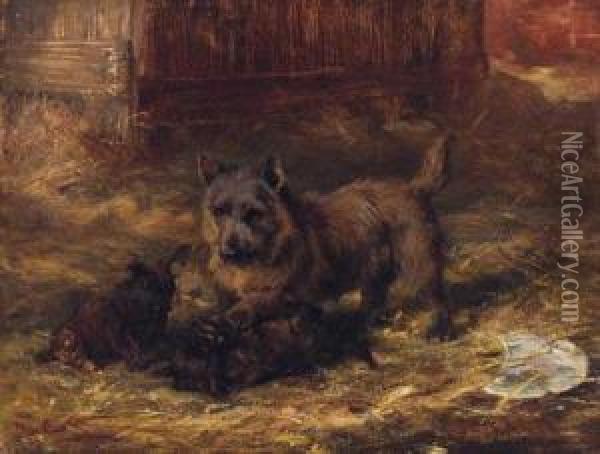 Puppies Playing Oil Painting - David George Steell