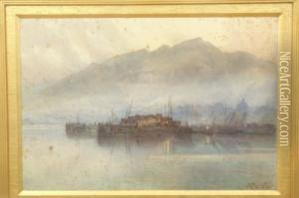 Harbour With Mountains Beyond At Dusk Oil Painting - Alexander Wallace Rimington