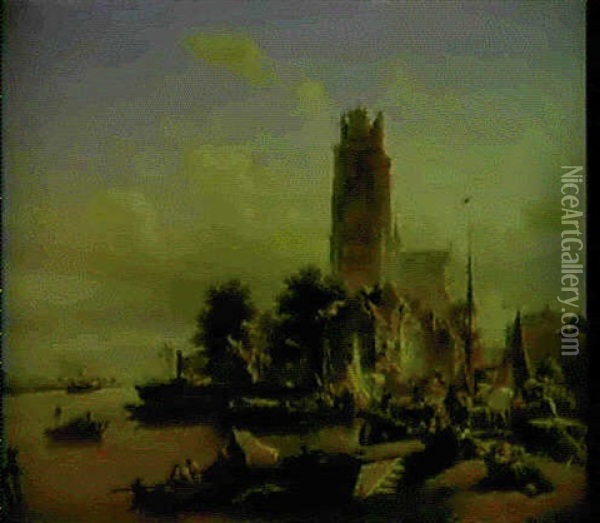 A Church Beside A Canal Oil Painting - Elias Pieter van Bommel