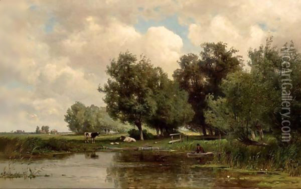 An Angler In A River Landscape Oil Painting - Jan Willem Van Borselen