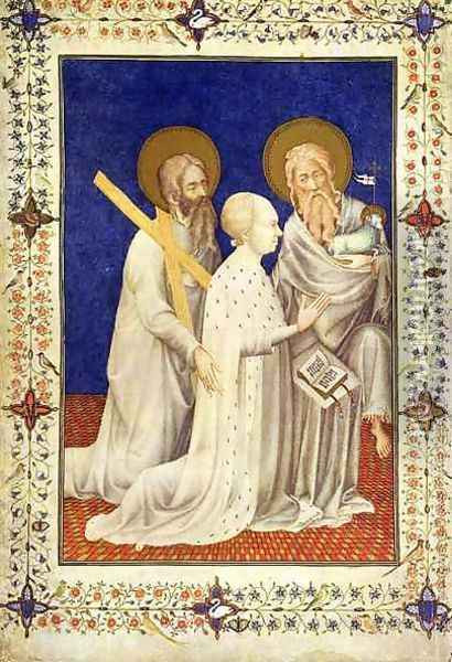 John Duc de Berry on his knees between St Andrew and St John French from the Tres Riches Heures du Duc de Berry Oil Painting - Jacquemart De Hesdin