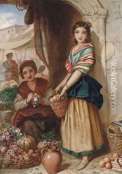 Spanish girls at a market Oil Painting - Augustus Jules Bouvier