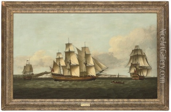 The British Merchantman Tyson In Three Positions Off Dover, In-bound For London And Requesting A Pilot Oil Painting - Thomas Luny