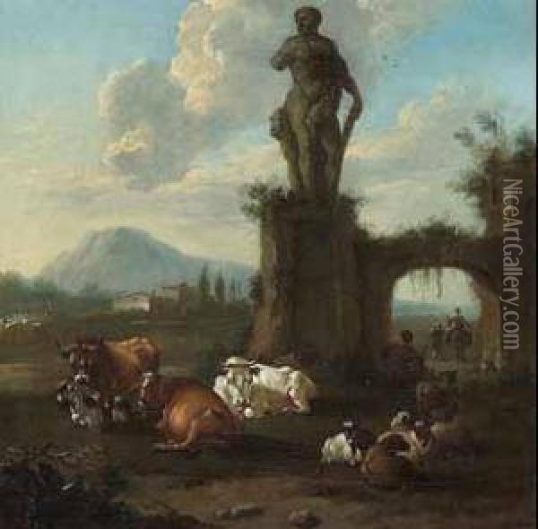 Hirten Mit Herde Vor Der Statue Des Herkules Di Farnese. Oil Painting - Jan Frans Soolmaker