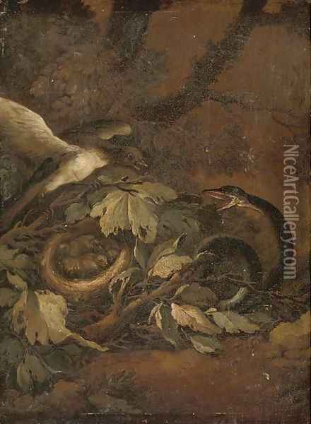 A snake startling a bird and a nest of chicks on a forest floor Oil Painting - Carl Wilhelm de Hamilton