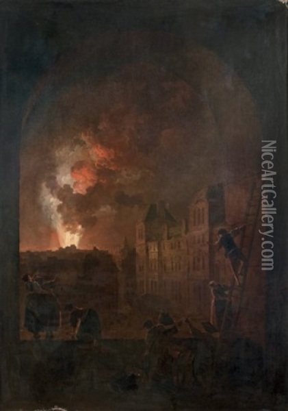 L'incendie De L'opera Vue D'une Croisee De L'academie De Peinture, Place Du Louvre Oil Painting - Hubert Robert