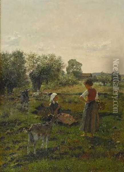 Bauernmadchen Mit Weidenden Ziegen Oil Painting - Max Hammerl