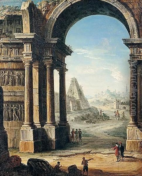 An Architectural Capriccio Of Classical Ruins With A Pyramid And Figures Oil Painting - Antonio Joli