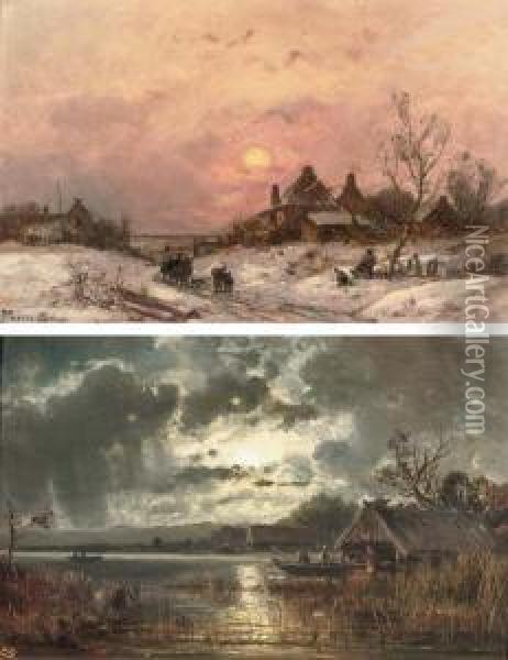 Sunset In Winter; And Fishing By Moonlight Oil Painting - Adolf Stademann