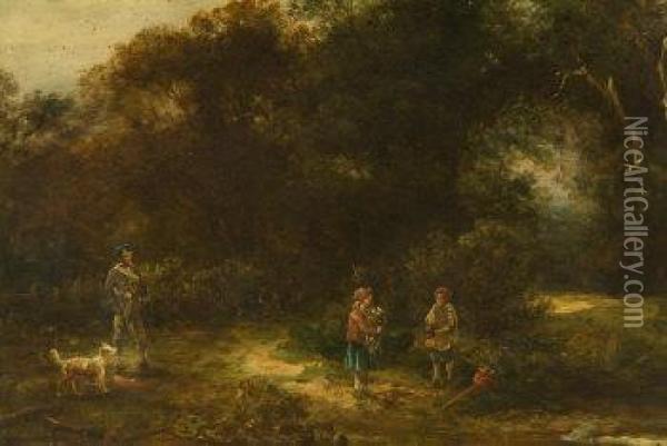 Family Group On A Woodland Path, Signed Geo Murray Lower Left Oil Painting - George Murray