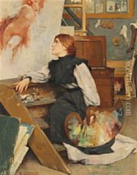 An Artist Contemplates The Work Of The Day In Her Studio Oil Painting - Rene Joseph Gilbert