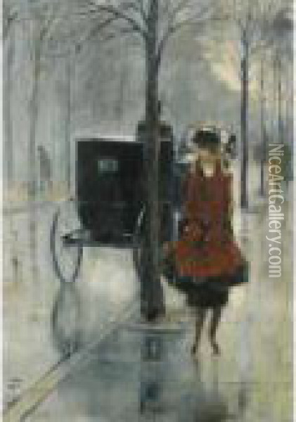 Strassenszene Mit Frau, Berlin (street Scene With Woman, Berlin) Oil Painting - Lesser Ury