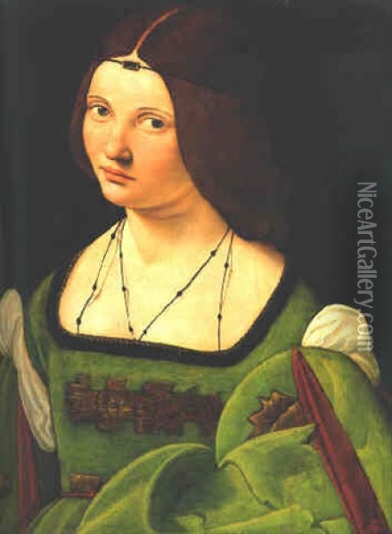 Portrait Of A Lady (clarice Pusterla?), Half-length, In A Green Dress Oil Painting - Giovanni Antonio Boltraffio