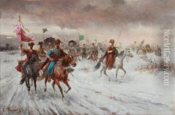Transporting Gold In Siberia Oil Painting - Adolf (Constantin) Baumgartner-Stoiloff