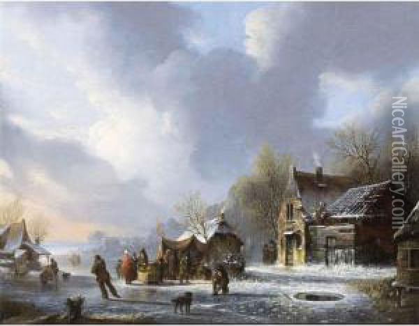 Skaters On A Frozen River Near A 'koek En Zopie' Oil Painting - Jacobus Van Der Stok