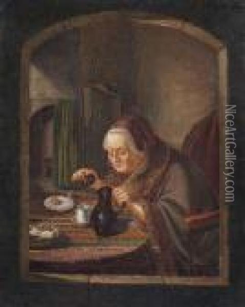 Anelderly Woman Taking Breakfast At A Window. Oil Painting - Gerrit Dou