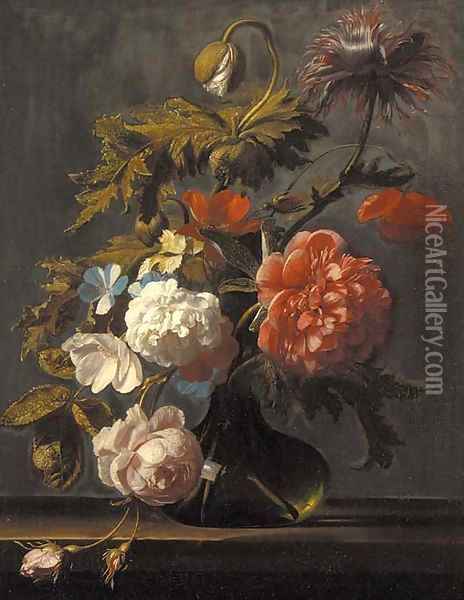 Tulips, roses, peonies, poppies and other flowers in a glass vase on a ledge Oil Painting - Cornelis Kick