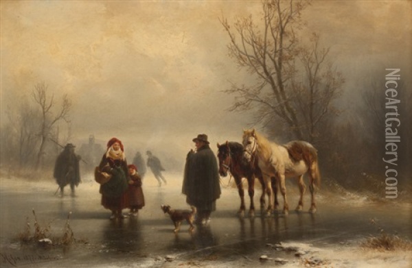 Figures, Horses And Dog On A Frozen Pond Oil Painting - Heinrich Hofer