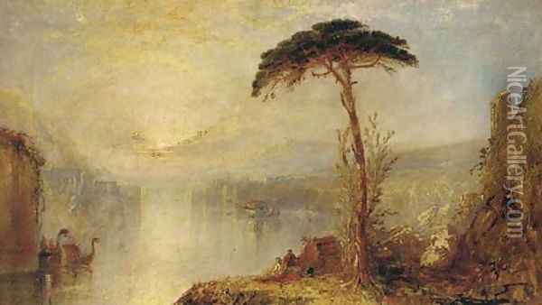 Figures by the water at dusk, a Venetian capriccio Oil Painting - Joseph Mallord William Turner