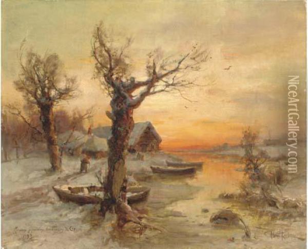 The Riverside At Winter Oil Painting - Iulii Iul'evich (Julius) Klever