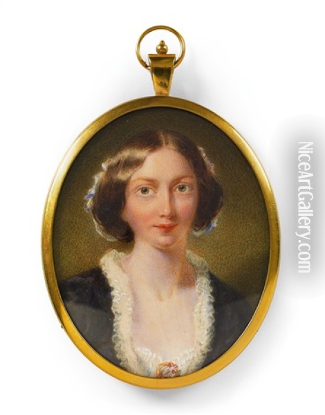 An English Portrait Miniature Of A Young Lady In A Frilled Black Dress Oil Painting - John Henry Mole