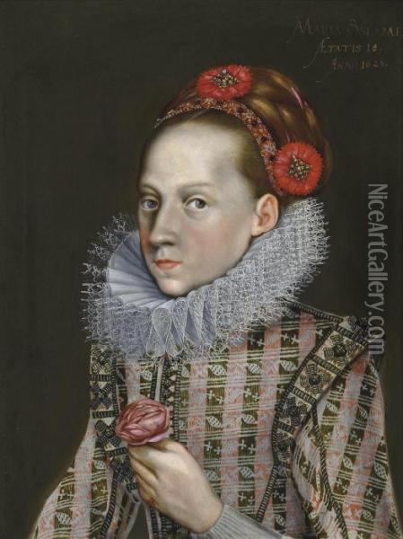 Portrait Of A Girl, Half-length,
 In A Richly Embroidered Red Dress And A Ruff, With A Decorated 
Headband, Holding A Rose Oil Painting - Giacomo Antonio Moro