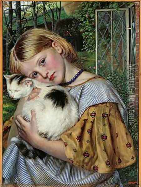 A Girl with a Cat 1860 Oil Painting - Robert Braithwaite Martineau