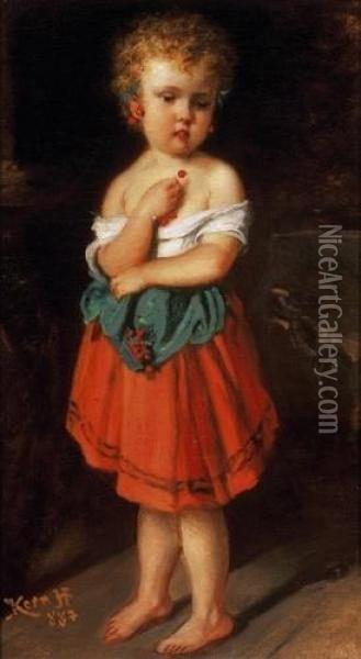 Girl, Picking Cherries Oil Painting - Hermann Kern