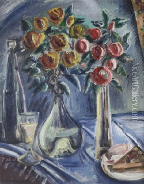 Blumenstilleben Mit Flasche, Glas Und Kuchen Oil Painting - Paul Kleinschmidt