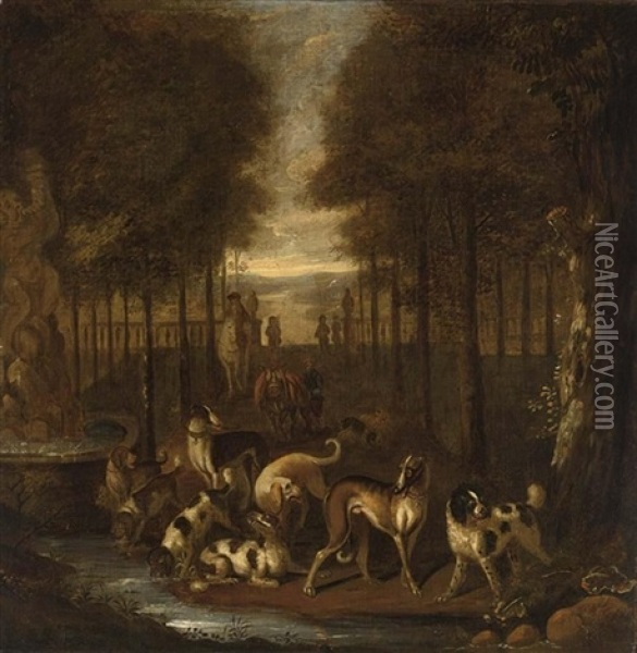 Spaniels And Other Hounds In A Park Setting Next To A Fountain, A Sportsman And A Traveller Beyond Oil Painting - Adriaen Cornelisz Beeldemaker