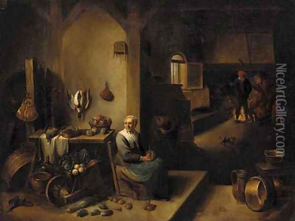 A kitchen interior with a lady seated at a table and boors around a fire beyond Oil Painting - David The Younger Teniers